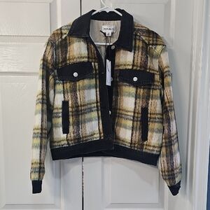 For The Republic Women's Cropped Plaid Black Denim Trucker Jacket Med NWT